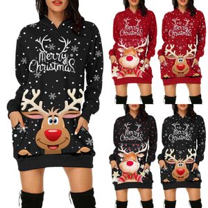 Frauen Winter Mit Kapuze Kleid Mode Weihnachten Drucke Hoodies Kleid Tasche Hüfte Mode Lange Ärmel Mini Kleid Navidad Dropshipping Y1118