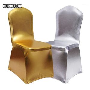 Silberne Spandex Stuhl Abdeckungen großhandel-6 teile los Bronzing Elastische Stuhlabdeckung Gold Silber Spandex Metallic Stoff Hochzeitsabdeckungen Bankettdekoration