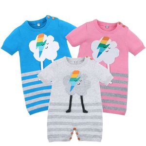 Verão Bebê Meninas Macacões Roupas Dos Desenhos Animados Nuvem Malha Jumpsuits Stripe Born Bunny Bunny Onesie Manga Curta Unisex Macacões 210417