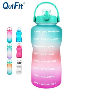 Quifit 2L 64oz 3.8L 128OZ Tritan gallon vattenflaska med flip-flop BPA gratis dryckflaskor bärbar sport telefon står gymnot 210610