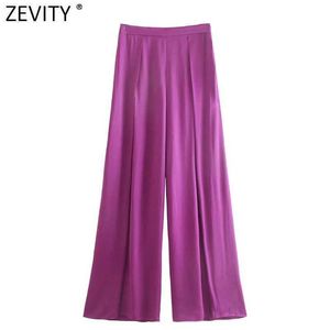 Zevity女性のファッションソリッドカラープリーツワイドレッグパンツオフィスレディースサイドジッパーフライビジネスフェムミシックなロングズボンP1137 210603