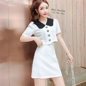 Sommer Frauen Zwei Stück Set Mode Hit Farbe Peter Pan Kragen Kurzarm Shirt Top + Hohe Taille Mini Röcke outfits 210519