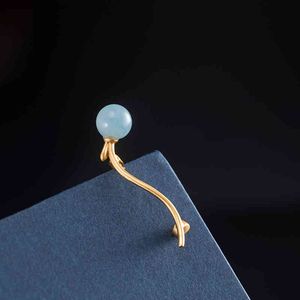 Authentic 925 Sterling Silver Creative Simple Aquamarine Brooch Women's Dress Suit Coat Sweater Pin