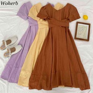 Klänningar Kvinnor Sommar Fashin Kortärmad Vestidos Mujer Backless Bandage Ruffles Slim Sweet Vintage Dress Woman 210519