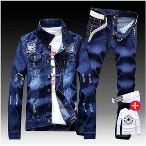 New Men's Denim Jacket Pants 2pcs Set Single Breasted Holes Casual Coat Trousers Slim Fit Cool Boys Jackets A55 G1217