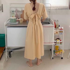 Big Sale Spring/Summer Korean Fashion White Backless Hollow Tie Bow Dress Elegant Sweet College Style 210615