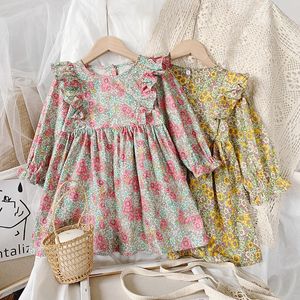 Девушка платье цветочный узор с длинным рукавом детские оборки дети платье сладкие детские одежда принцесса вечеринка девушка осенние платья 1-6Y Q0716
