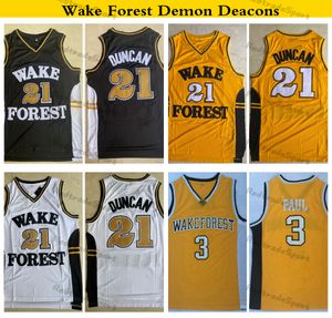 MI08 Vintage NCAA Tim Duncan #21 Wake Forest Demon Deacons College Basketball Jerseys Black White Chris Paul #3 Gold Szyty koszulki S-xxl