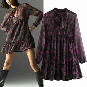 Black Printed Chiffon Mini Dress Women Vintage Bow Tied V Neck Tulle Semi Sheer Long Puff Sleeve Ruffle Ladies Dresses 210519