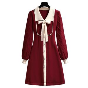 Winter Autumn Long Sleeves Red Black Beige Mini Dress Knitted Button Elegant Chic Turn Down Collar D3054 210514