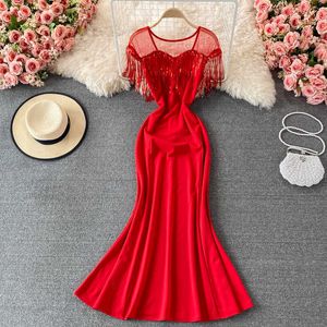 Sexy Pailletten Quaste Mesh Patchwork Party Langes Kleid Frauen Sommer Rot/Blau/Grün Elegante Kurzarm Club Meerjungfrau vestidos 2021 Y0603