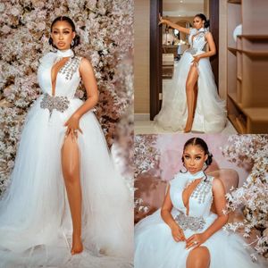 Crystals Beading Wedding Dress High Neck 2022 Arabic Sleeveless Tulle A Line Boho Bridal Gowns Sexy Side Sllit African Girls Vestido De Novia Plus Size
