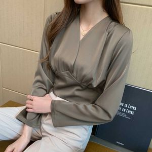 Camicette da donna coreane in seta Camicetta da donna in raso con scollo a V Top Camicie a maniche lunghe Solid Top Plus Size 210531