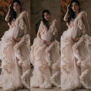 2023 Evening Dresses Chic Champagne Tulle Kimono Women Robe for Photoshoot V Neck Prom Gowns African Cape Cloak Maternity Photography Overlay Sleepwear