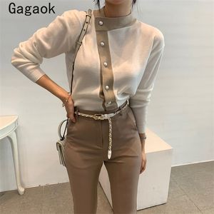 Gagaok kontor dam koreanska retro stickade tröjor vår höst patchwork o nacke slim chic wild simple pullovers 210918