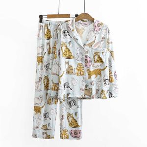잠옷 여성들이 가을 귀여운 고양이 동물 인쇄 가정 의류 면화 실크 느슨한과 편안한 숙녀 Dormir Pajamas 211007