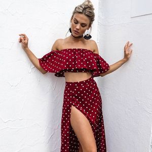 Bigsweety Women Vintage Dresses Off Shoulder Red Dot Dress Summer Long Maxi Dress Chiffon Ruffle Sexy Beach Dress Vestidos X0521