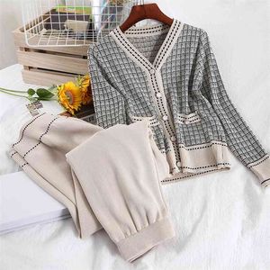 Wiosna Casual Dzianiny Dres Women 2 Piece Set Plaid Sweter Cardigan Topy + szerokie spodnie nóg Suit Sport Dwa stroje 210514