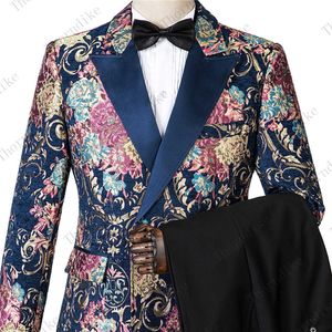 Nova moda noivo azul marinho jacquard homens terno conjunto smoking homens desgaste de casamento festa de casamento groomsman ternos TEno 2019 (jaqueta + pant + colete) x0909