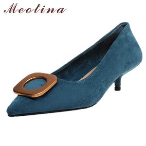 Meotina Metal Decoration Kid Suede Mid Heel Pompy Kobiety Buty Szpiczaste Toe Stiletto Obcasy Office Obuwie Kobiet Lato Czarny 39 210608