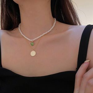 Opal- Und Pearl-Halskette großhandel-Anhänger Halsketten teile satz Goldfarbe Perle Münze Grün Opal Halskette Für Frauen Gothic Kette Doppelschicht Boho Collares