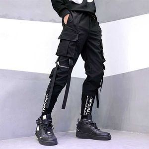 Spodnie Cargo Mężczyźni Joggers Spodnie dresowe Wstążki Kieszenie Harem Ołówek Spodnie Casual Hip Hop Streetwear Mężczyzna Slim Fit Tactical Odzież X0723