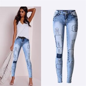 Letni styl niska talia niebo niebieski patchwork skinny ciasne dżinsy ołówek wysokiej stretch sexy push up Denim Fashion 210629