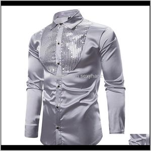 Mens Clothing Apparel Drop Delivery 2021 Gold Sequin Black Silk Dress Shirt Men Long Sleeve Shiny Disco Casual Shirts Male Nightclub Party Pr