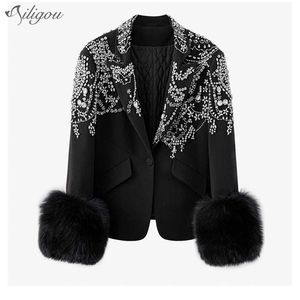 Giacca da donna Moda Bianco Bianco Sexy Collo V-Neck Coat Diamond Decoration Decorazione dei capelli rimovibile Polsino Slim 210525