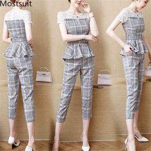 Summer Office Plaid Two Piece Sets Outfits Women Plus Size Lace Patchwork Tops With Belt And Cropped Pants Elegant Suits 210518