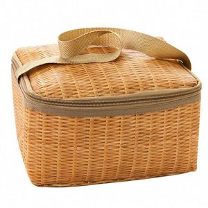 Portable Wicker Rattan Outdoor Picnic Bag Waterproof Tableware Insulated Thermal Cooler Container Basket For Camping Storage Bags