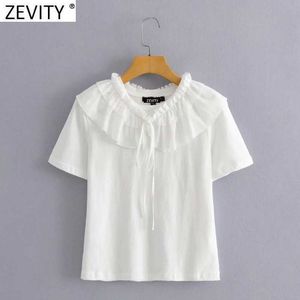 Zevity Women Sweet Cascading Ruffles Decoration Casual White T-shirt Female Chic Short Sleeve Knitting Summer Tops T695 210603