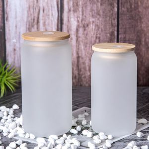 Sublimation Glass Mugs with Bamboo Lid Straw DIY Blanks Frosted Clear Can Shaped Tumblers Cups Heat Transfer 16oz SEAWAY JJF13875