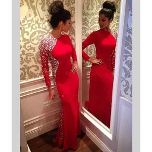 赤い長袖レースイブニングドレスパーティービーズの贅沢プラスサイズの女性ガールディナーアフリカのセレブリティプロムフォーマルガウン
