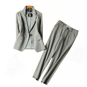 Women's office suit work set Casual high quality plaid jacket female Slim pants ladies 210527