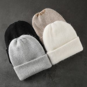 Kadın Tavşan Kürk Örme Şapka Kadınlar Için Kış Beanies Şapka Kadın Kız Fasion Katı Kaput Kalın Sıcak Yumuşak Skullies Cap