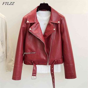 Spring Women Faux Leather Short Jacket Autumn Slim Lapel Zipper red Coat Motorcycle Solid Color Outwear 210430