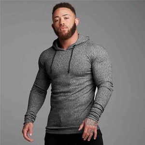 Höst Mode Mäns Hooded T-shirt Slim Fit Tröjor Knittwear Mens Långärmade Pullovers Tshirts Män Fitness Pull Homme 210421