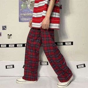 Houzhou原宿赤の格子縞のズボン女性ゴシックストリートウェアチェックズボン韓国のファッションの特大サイズワイドレッグスウェットパンツ211006