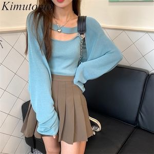 Kimutomo casual dzianiny dwa kawałek zestaw kobiety jesień Korea z długim rękawem Cardigans Solidna krótka suwnica dzianina moda garnitur 220302