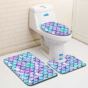 3 peças Set Peixe Escala Geométrica Cor Higiênico Esteira Set Banheiro Anti-Slip Mat Tapete Tapete Porta Banheira Tapete Acessórios para WC 210724