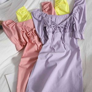 A-Line lace-up puff sleeve vintage mini dress for womens summer Korean slim solid color short female vestidos 210420