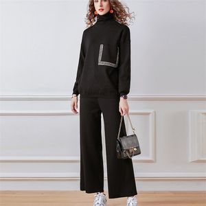 Spring Knitted Tracksuit Two Piece Set Women Pullover Sweater + High Waist Wide Leg Pants Suits Korean Casual 2 210514