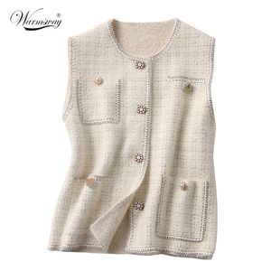 Spring Women Vest Faux Mink Fur Luxurious Single-Breasted Waistcoat Stickad Sweater Vest Ärmlös Oversierad Jacka C-260 210817