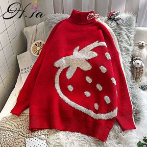 H.SA Koreanska överdimensionerade tröja kvinnor höst vinter jordgubbar turtleneck pullover långärmad stickad tröja lossa pullover 210716
