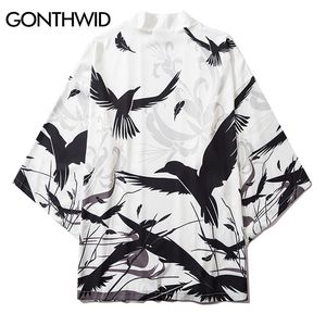 Gonthwid Mens Raven Crow Bird Print Japanska Kimono Cardigan Jacket Toppar Skjortor Streetwear Harajuku Hip Hop Casual Loose Coats 210811