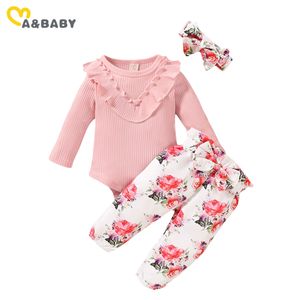 0-18M Autunno neonato nato Neonata Vestiti Set Morbido Ruffles lavorato a maglia Pagliaccetto Fiocco Fiore Pantaloni Abiti Costumi 210515