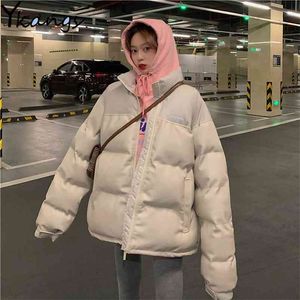 Katı PU Deri Parkas Kadınlar Beyaz Moda Mont Kadın Gevşek Rahat Kalın Sıcak Pamuk Ceketler Kore Tarzı Bayanlar Öğrenci 210421