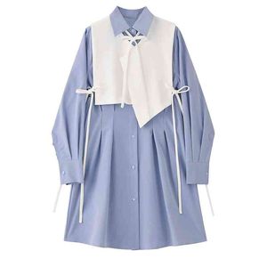 Spring Two Piece Set Woman Blue Shirts Dress Simple Casual Single Breasted Vestidos Mujer + Fashion White Vest 210514