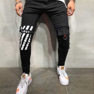 Мужская прохладный дизайнер бренд карандаш джинсы тощий разорвал разрушенные растягивающие стройные фигурные брюки с отверстиями для мужчин напечатаны джинсы 211104